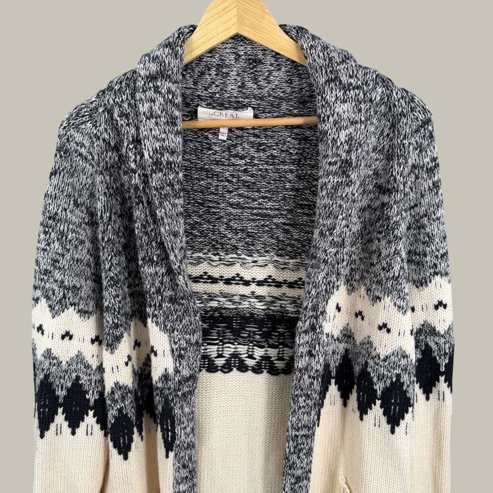 The GREAT Womens Size 1 Dark Navy Cream Patterned Open Front Cardigan Sweater